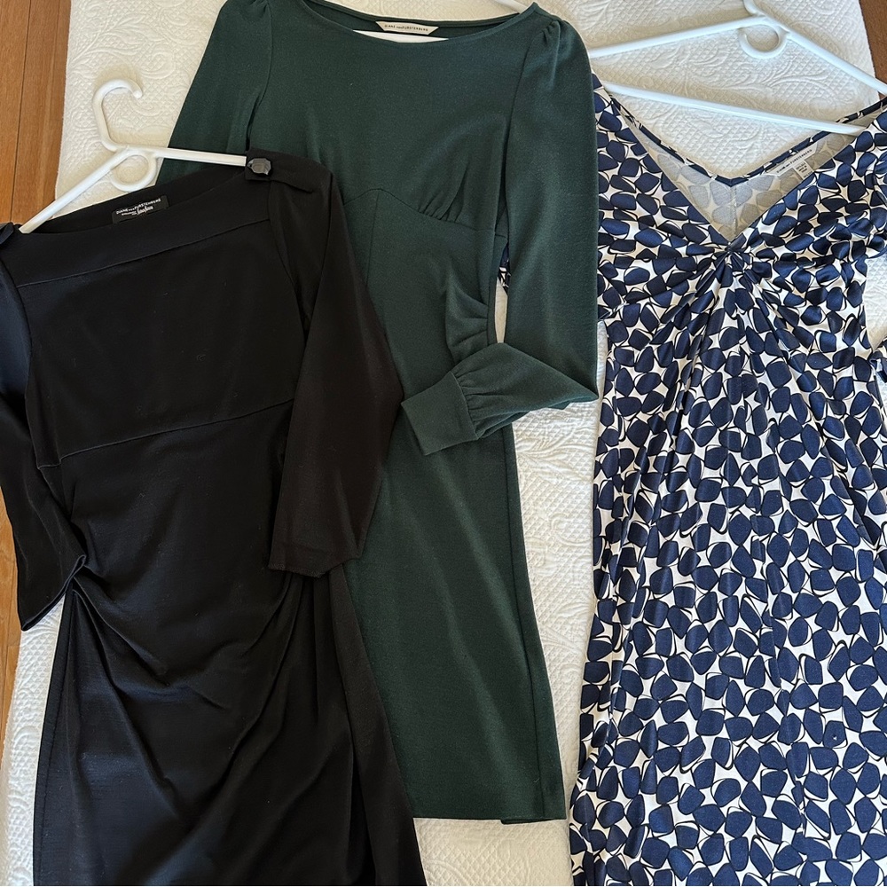 3 Diane Von Furstenberg dresses. Blue silk, black wool, & green wool. Worn once!